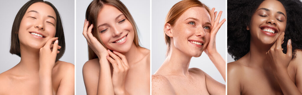 Happy diverse models touching clean skin Happy diverse models touching clean skin