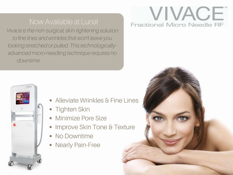 smiling woman beside a list of features that the Vivace Microneedling provides