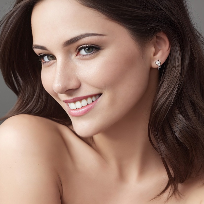 Beautiful woman brunette beauty close-up portrait on gray background