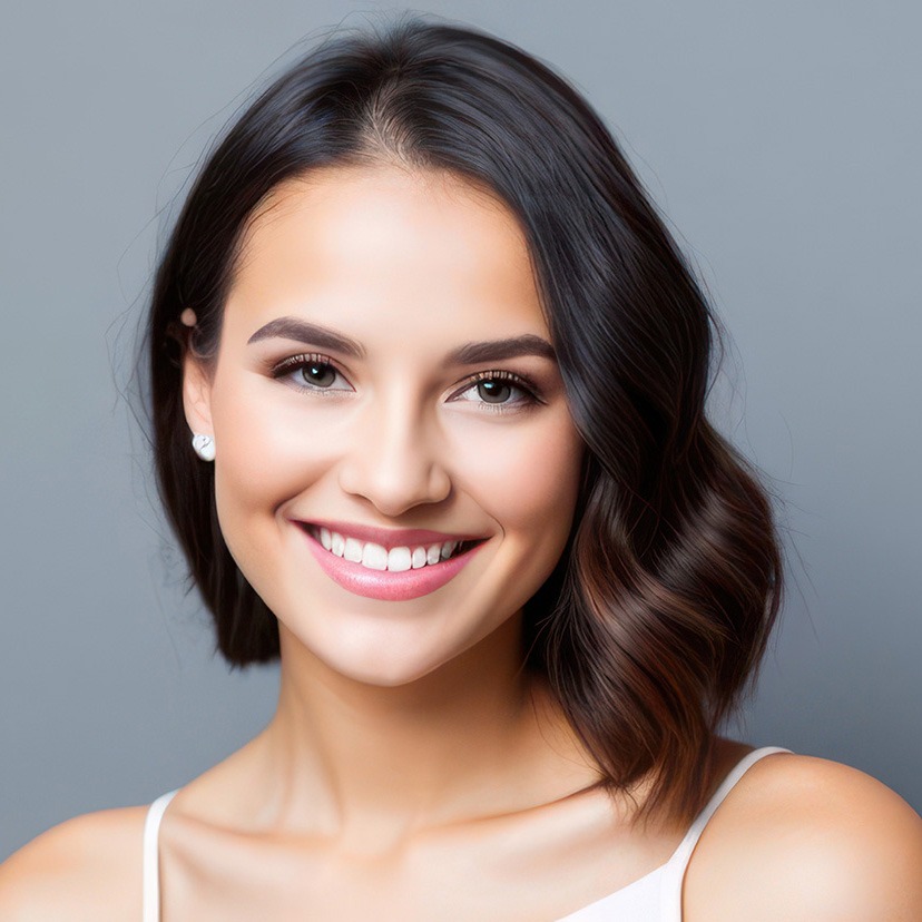 Portrait beautiful brunette model woman with white teeth smile