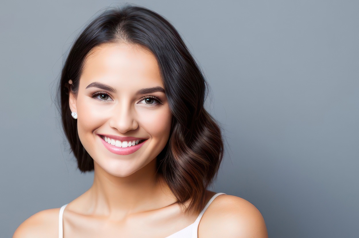 Portrait beautiful brunette model woman with white teeth smile