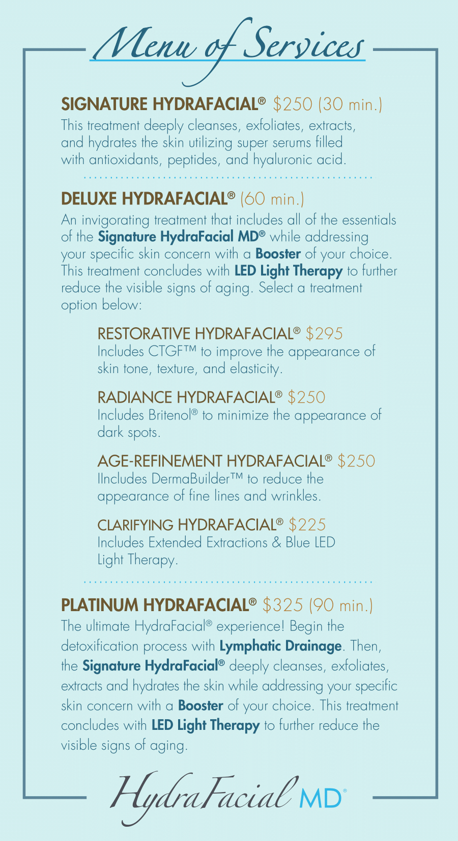 Luna Hydrafacial Menu of Services