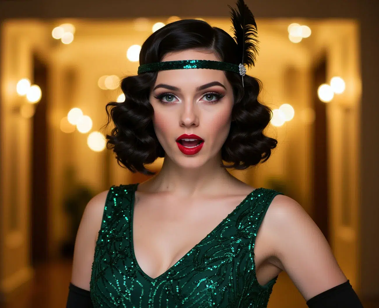 Woman in 1920s flapper style with green sequin dress, headband, and finger wave hair against bokeh background.