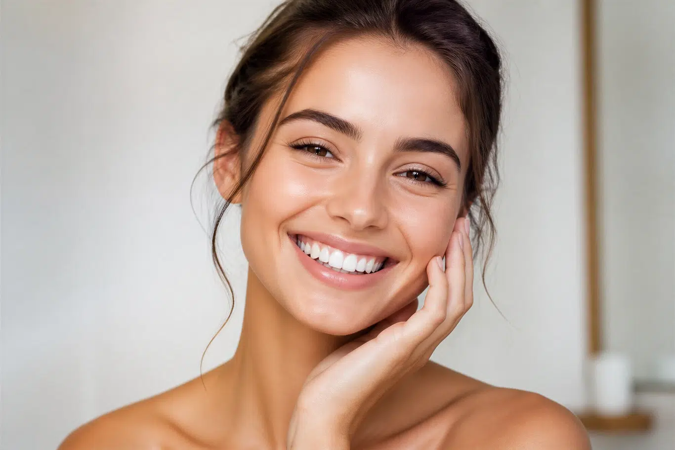 elegant woman natural facelift results Smiling woman with clear skin natural makeup hand on cheek